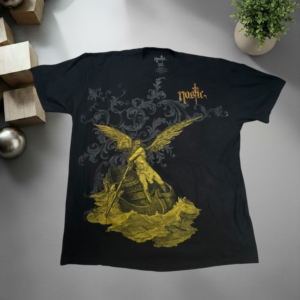 Nostic Graphic Tee Black Gold Angel Trident Rhinestone Y2K Streetwear Mens 3XL